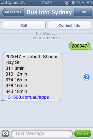 SMS Screenshot einer Busauskunft in Sydney