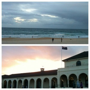 Bondi Beach Sonnenuntergang und Surfer am Strand