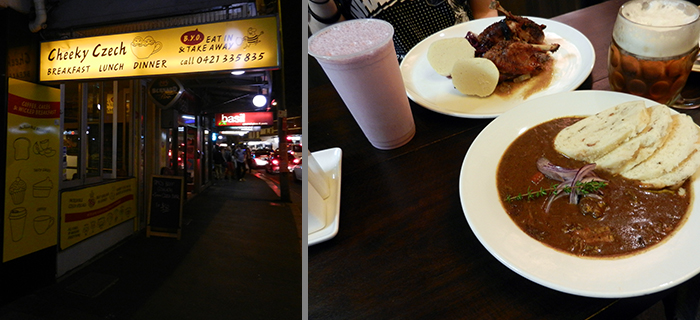 Außenansicht und Foto vom Essen (Gulasch, Ente mit Knödel und Blaukraut, Bier und Milchshake)